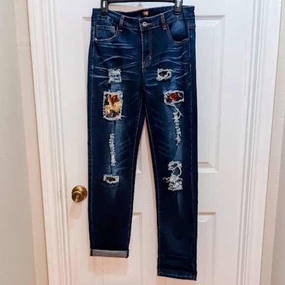 L&B Boyfriend Indigo Blue Jeans with gold sequence, size 10 - Picture 2 of 7